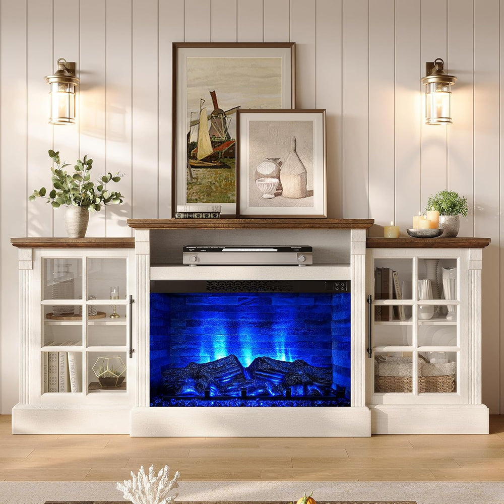 LUXOAK 70" Farmhouse TV Stand with 28" Fireplace, White Barnwood