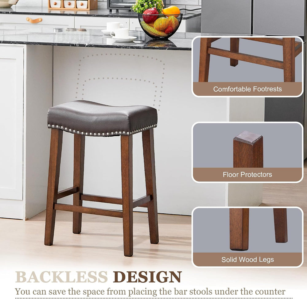 PrimeZone 26 Inch Solid Wood Saddle Backless Bar Stools Set of 2, Brown