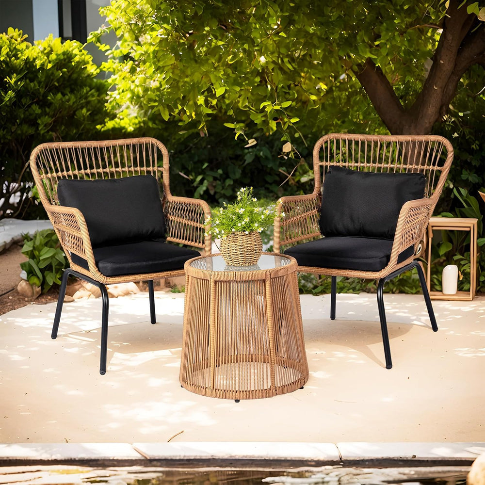 3 Piece Outdoor Wicker Furniture Bistro Set, Rattan Chairs Conversation Sets ...