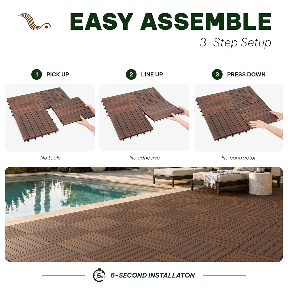 Acacia Interlocking Deck Tiles, 9 PCS Wood Flooring, 6 Slats, Walnut