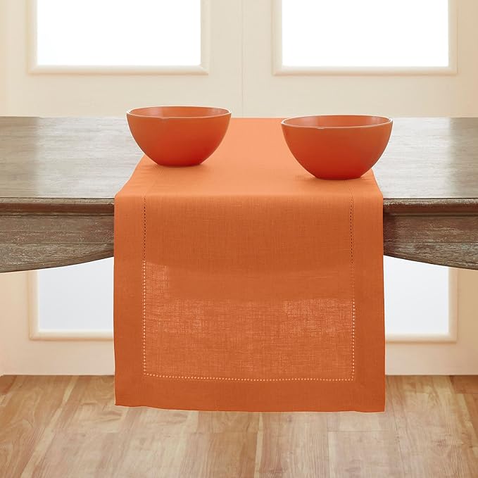 Solino Home Linen Hemstitch Table Runner 108 Inches Long - 100% Pure Linen Pu...