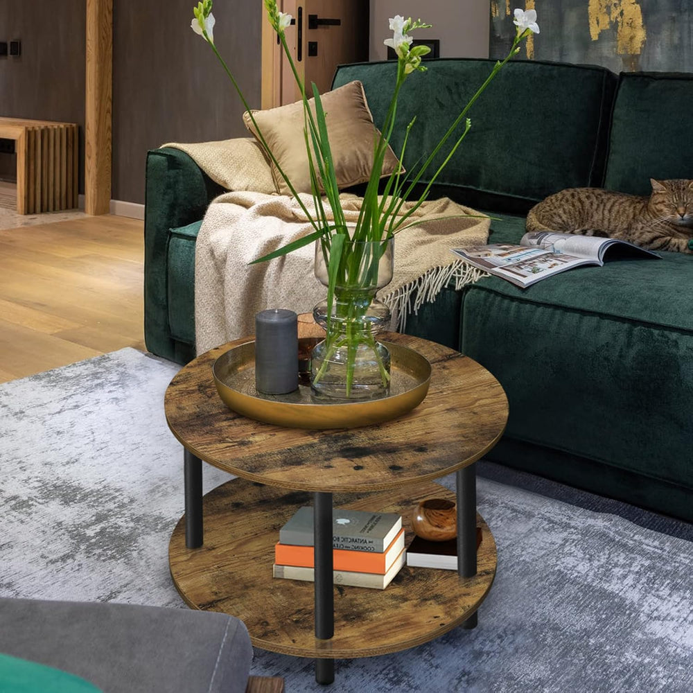 Small Round Coffee Table for Small Space, 23.5" 2-Tier Rustic Brown Wood...