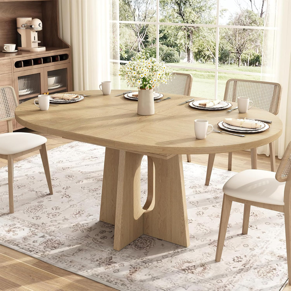 Epecoya 59-Inch Extendable Round Dining Table for Dining Room, Light Oak
