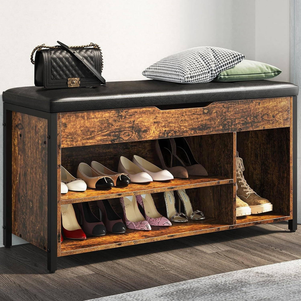 Shoe Bench, Lift Top Shoe Storage Bench, Adjustable Shelf Entryway Bench, Met...