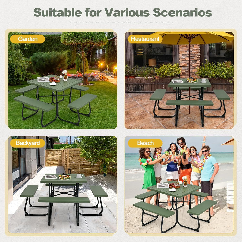 Tangkula 8 Person Picnic Table, Outdoor Square Picnic Table with 4 Built-in B...