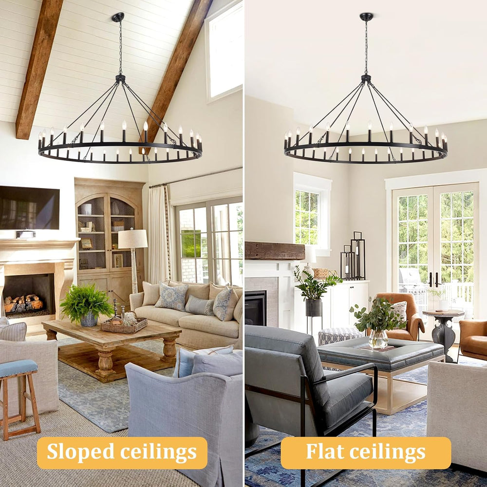 30 Lights Black Extra Large Wagon Wheel Chandelier, 60 Inch Farmhouse Industr...