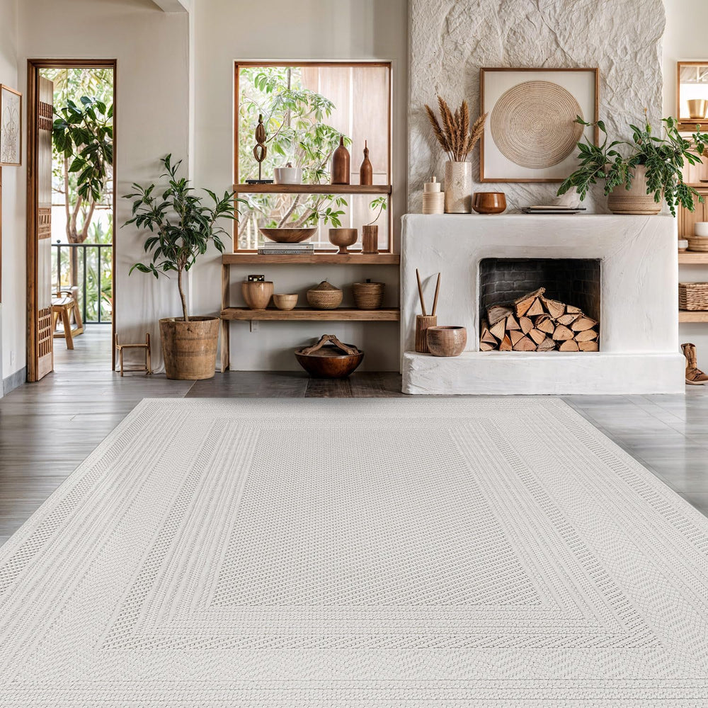 Luul Home Micro Loop Indoor Rug White 5x7 Boho Geometric Neutral Area Rugs fo...