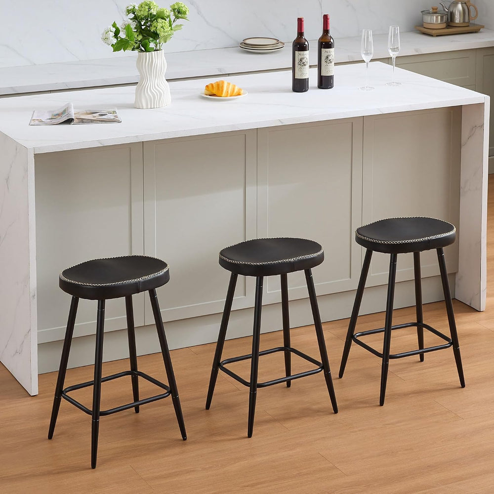 Counter Height Bar Stools Set of 3, Faux Leather Backless Counter Stools