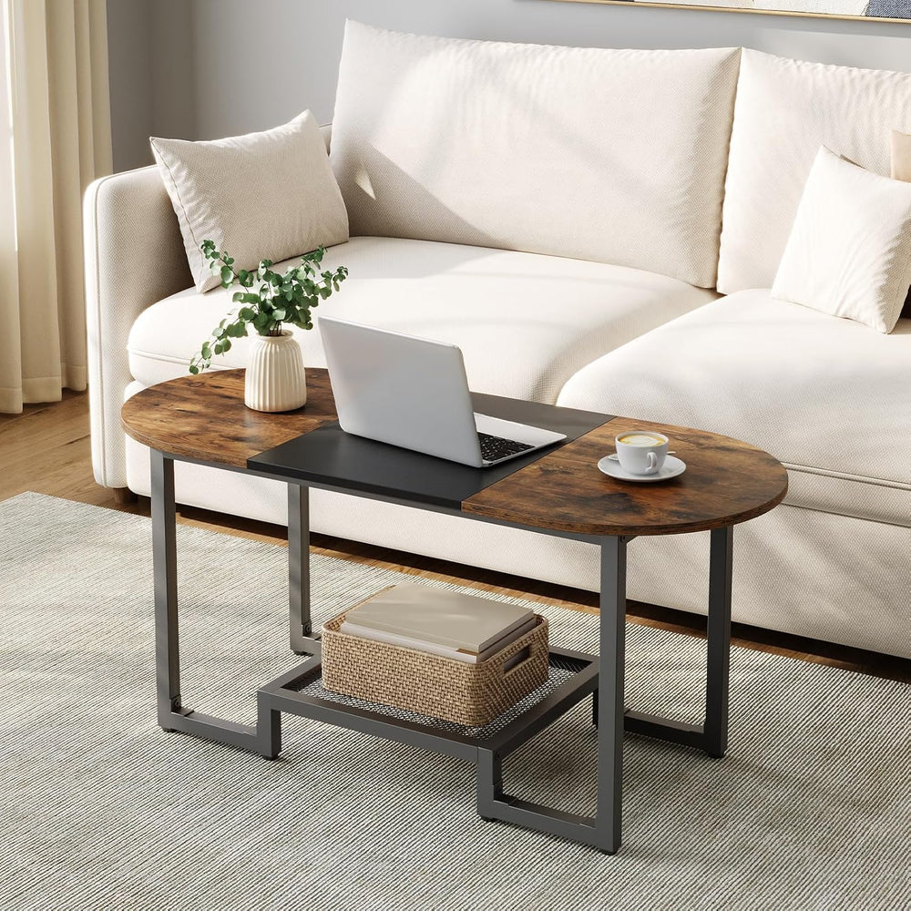 HOOBRO Coffee Table, Oval Small Coffee Table with 2-Tier Storage Shelf, Narro...