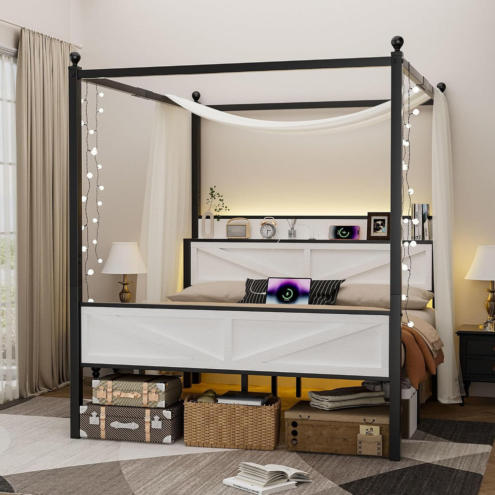 Canopy Bed Frame Full Size with Storage Headboard, White