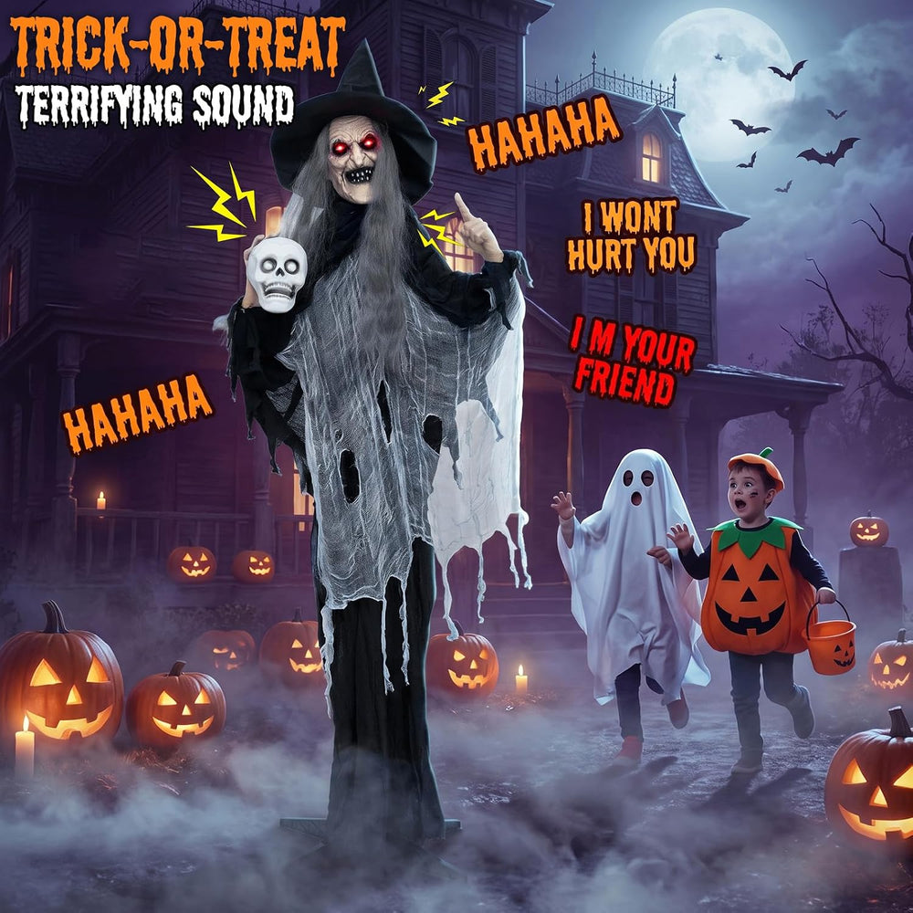 Tangkula 6.3 FT Animated Halloween Standing Talking Witch with Skull