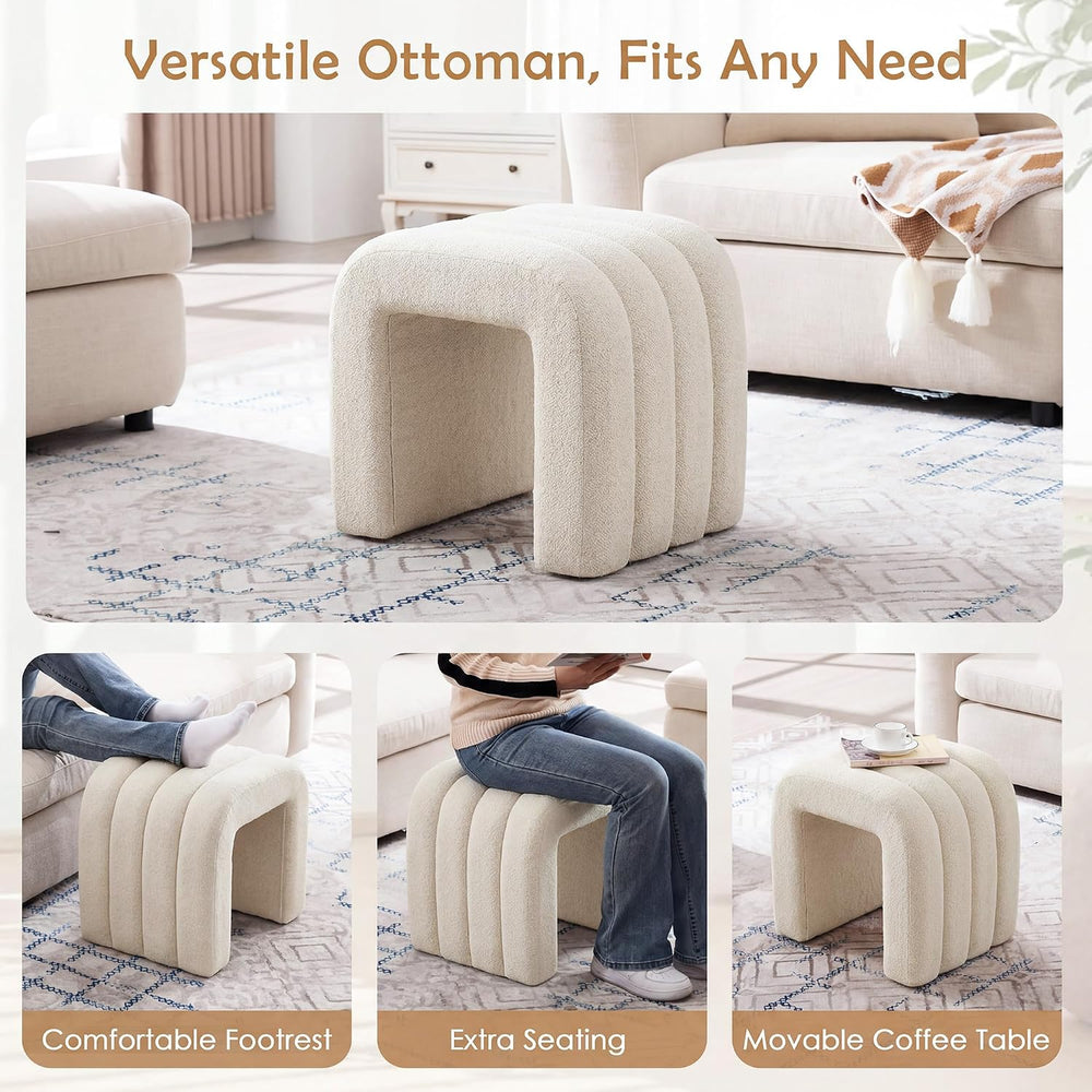 Beige Linen Ottoman Stool, Small Vanity Stool