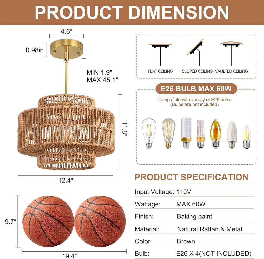 12.4" Rattan Pendant Light,1-Light Boho Chandelier Light Fixture Farmhou...