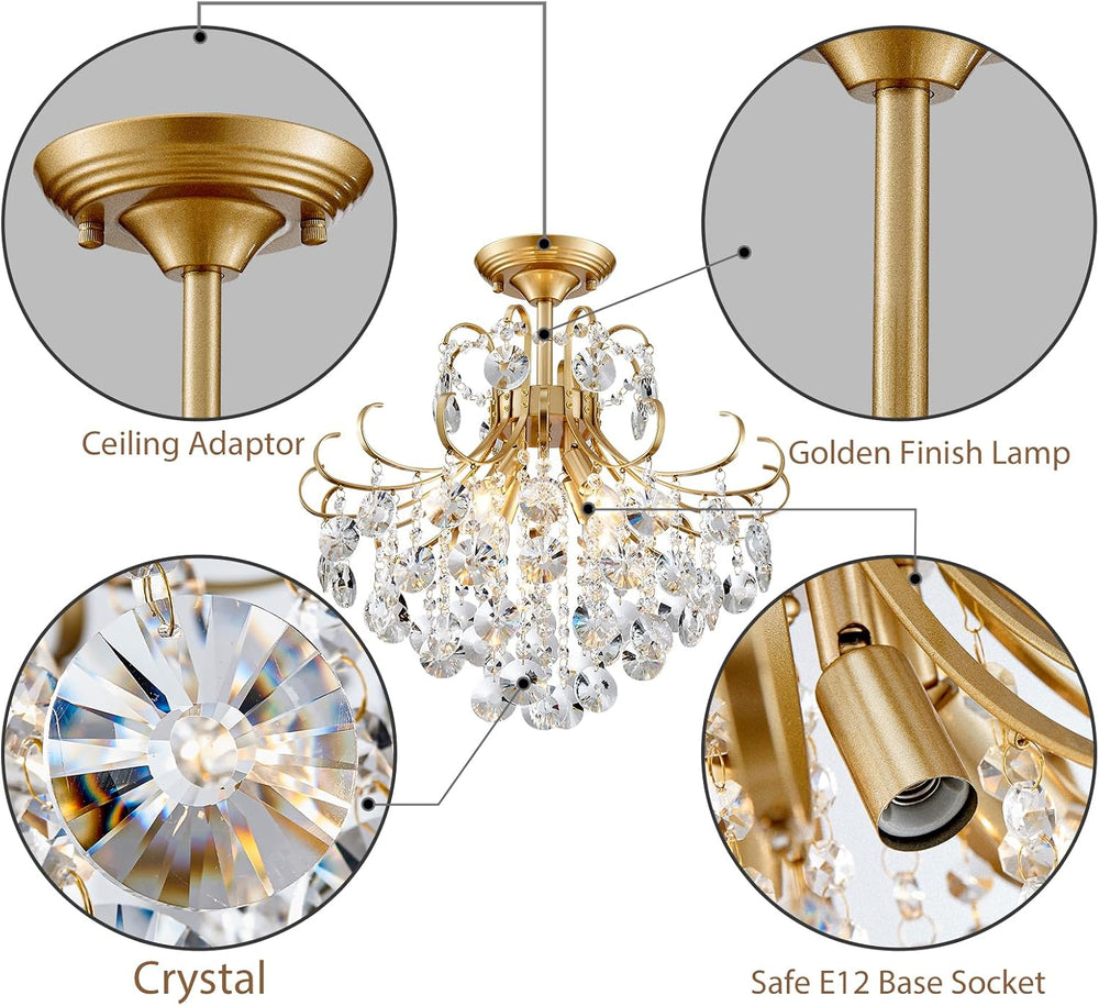 Gold Crystal Chandelier Ceiling Light, Luxury Crystal Semi Flush Mount Ceilin...