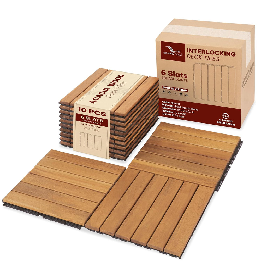 Acacia Interlocking Deck Tiles, 10 PCS Wood Flooring, 6 Slats, Honey Oak
