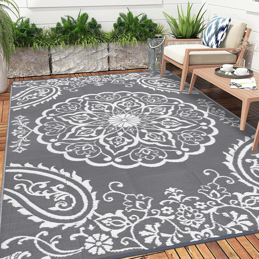 Pauwer Outdoor Rug 10x14, Waterproof Plastic Straw Camping Rug, Boho Grey