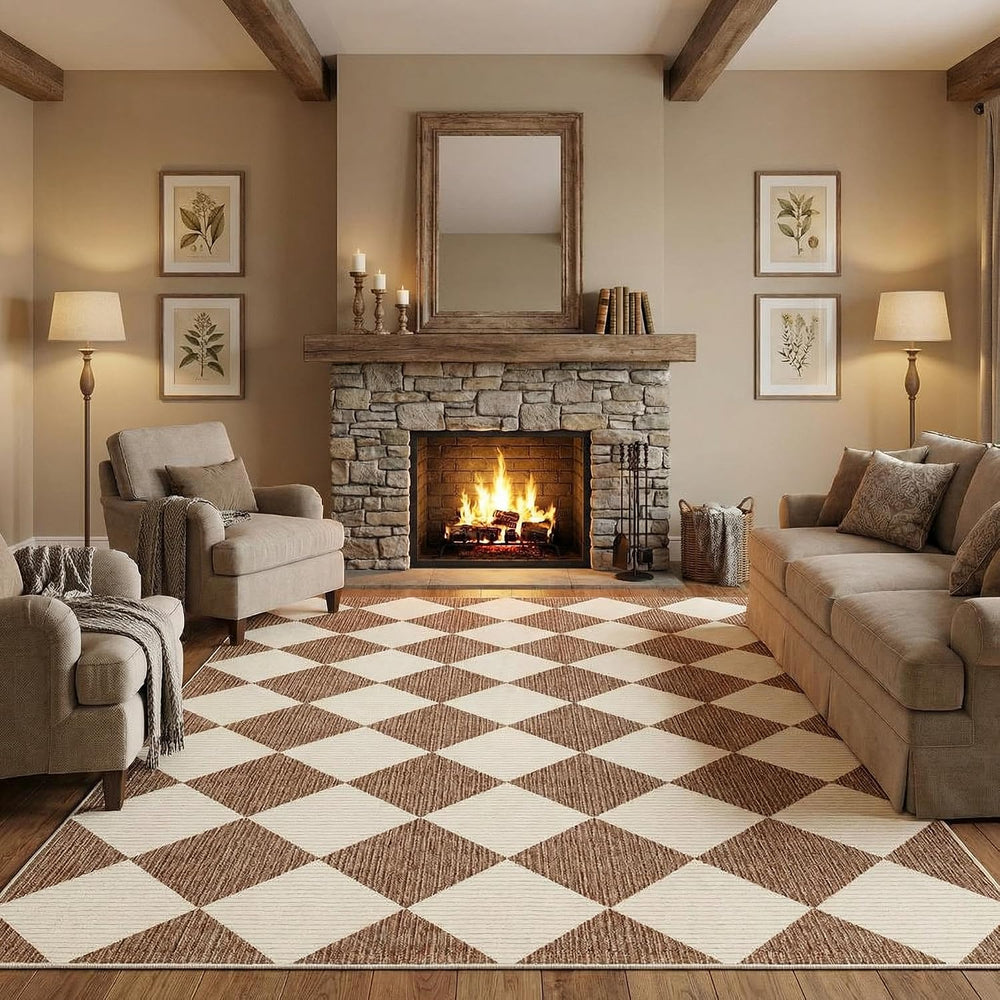 GarveeHome Brown Area Rugs 8x10 Modern Living Room Checkered Washable Rug