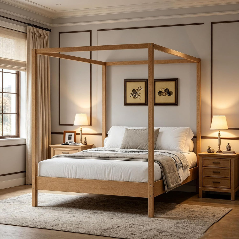 JIJIWANG King Size Solid Wood Canopy Bed, Natural