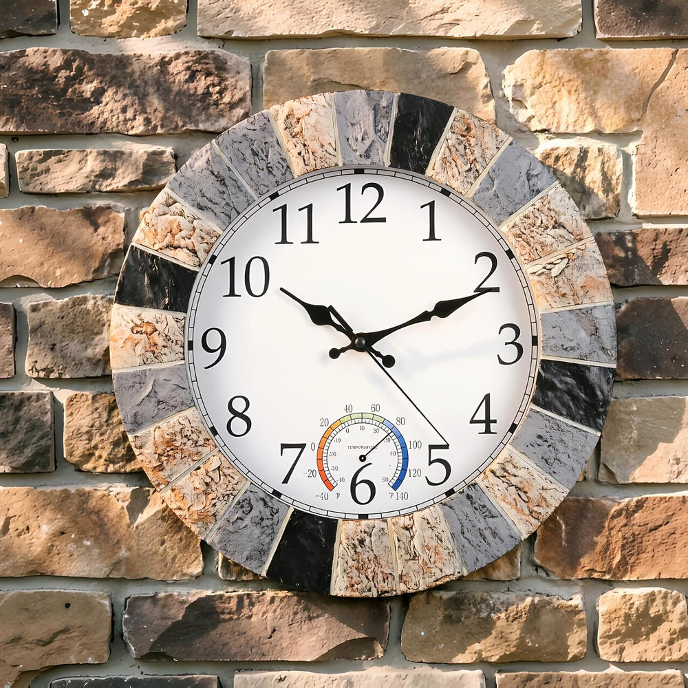 Outdoor Clock Waterproof with Thermometer, 13 Inch Silent Rustic Resin Wall C...