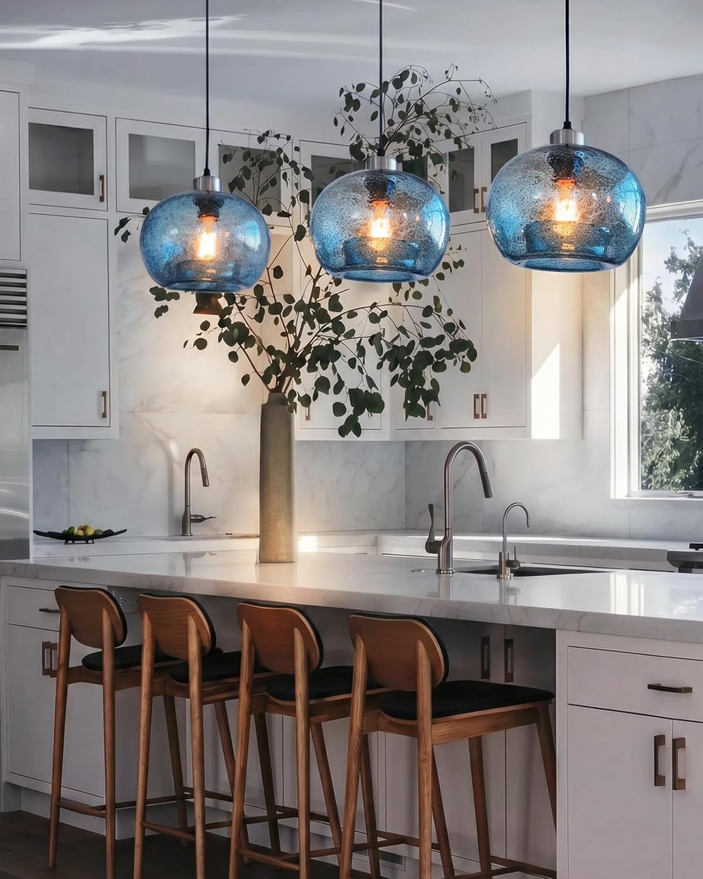 CASAMOTION Glass Pendant Lights Kitchen Island, Marble Blue 8.7 Inch 2 Pack