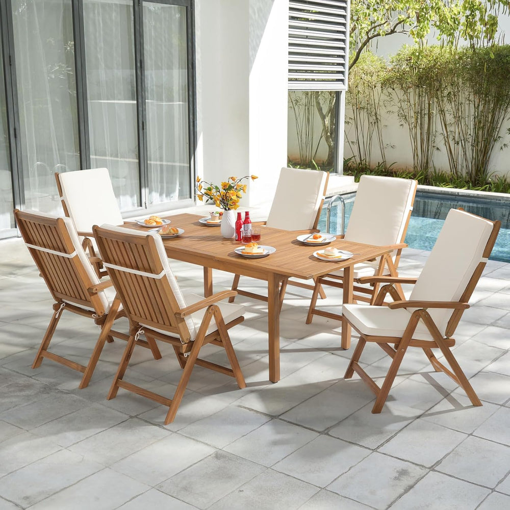 OC Orange-Casual 7 Piece Patio Dining Set, Wood Table and Chairs, Beige