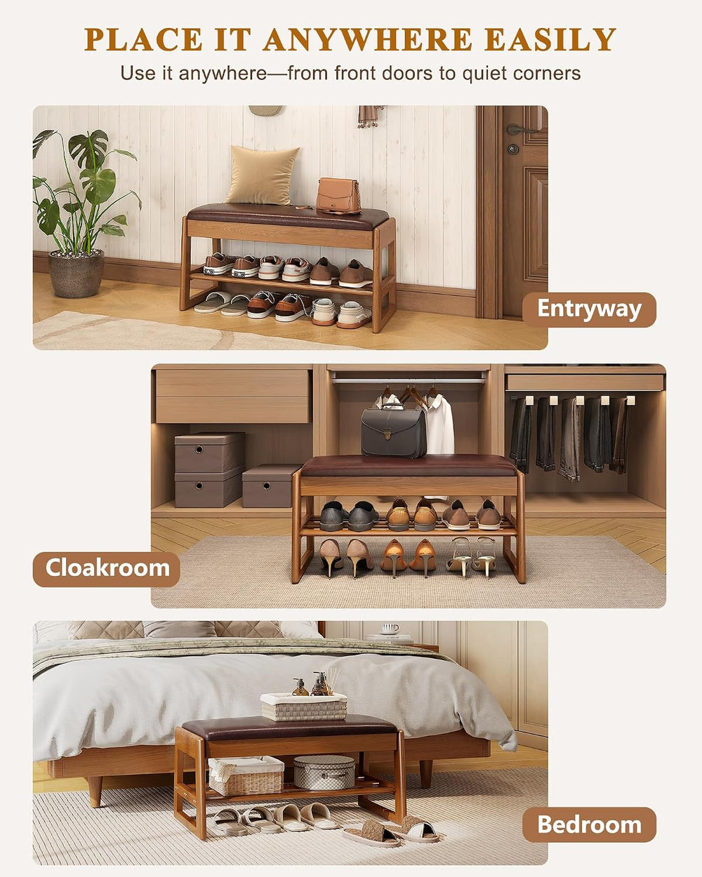 Shoe Rack Bench with Hidden Storage, 2-Tier Solid Rubberwood Entryway Bench w...
