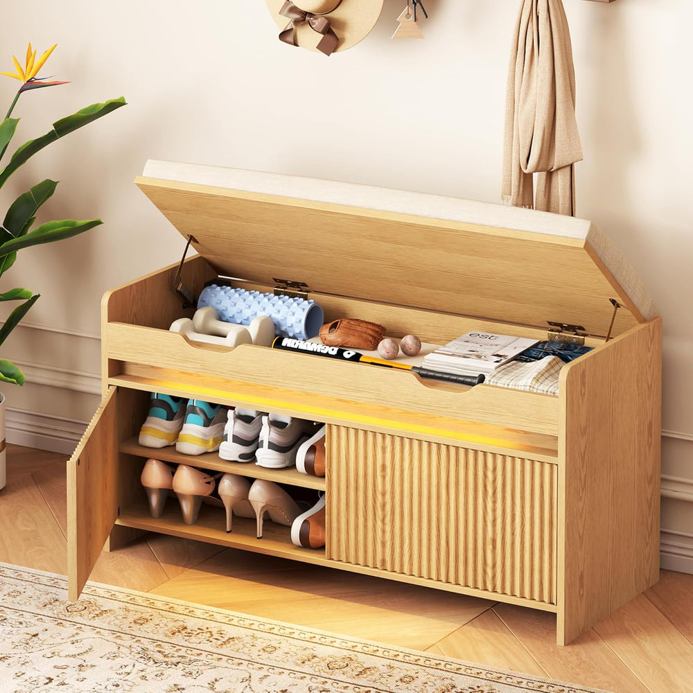 HOMEFORT Shoe Storage Bench, Modern Entryway Bench with Fluted Doors & Bu...