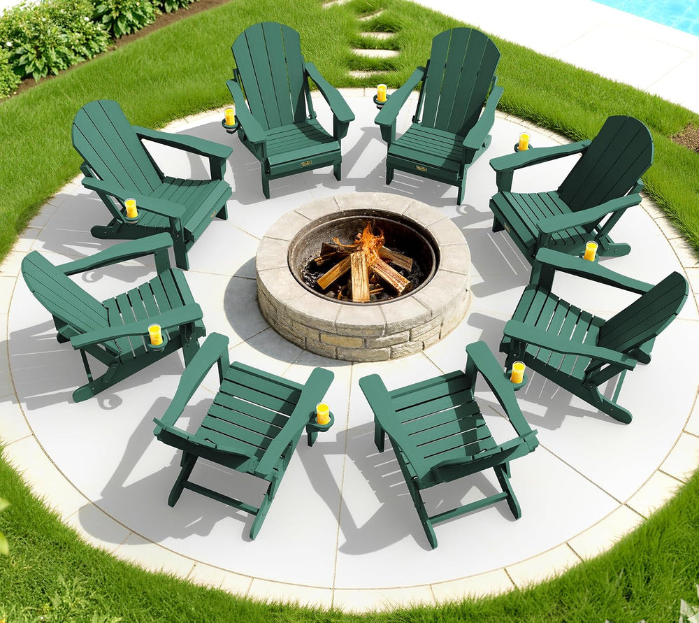 SERWALL Folding Adirondack Chairs Set of 4 with Cup Holder, Fire Pit -Green