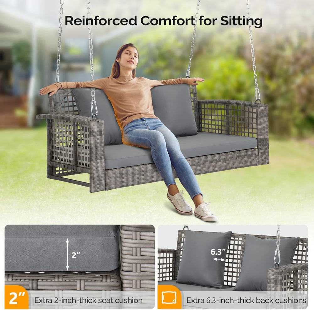 4FT Wicker Porch Swing for 2 Person, 800lb Capacity Outdoor Hanging Bench wit...