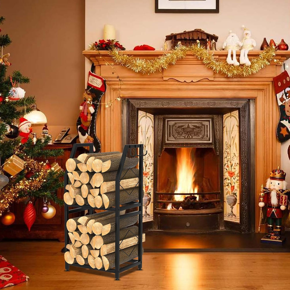 VyGrow Firewood Rack for Indoor, 2-Tier Firewood Holder with 3 Hanging Hooks,...