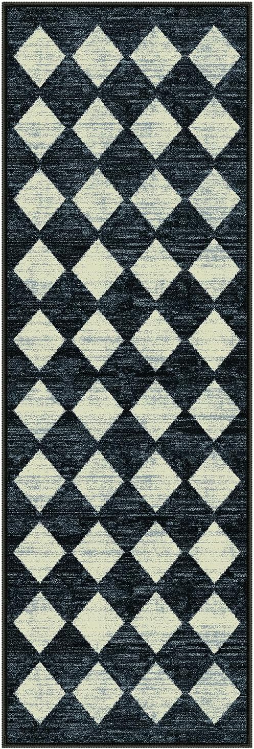 Checkered Kitchen Runner Rug 2x6 Black, Non Slip Washable Hallway Bathroom