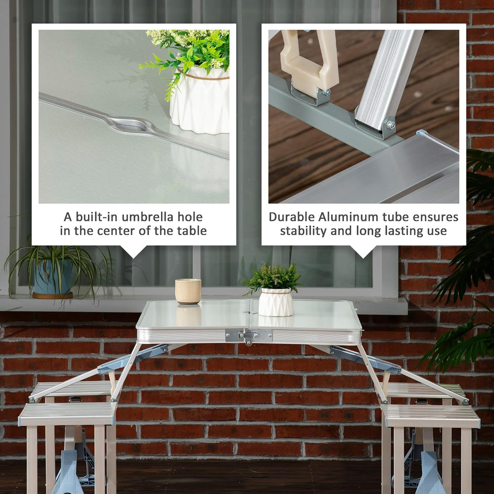 Outsunny Folding Picnic Table with Umbrella Hole, Aluminum Suitcase Portable ...