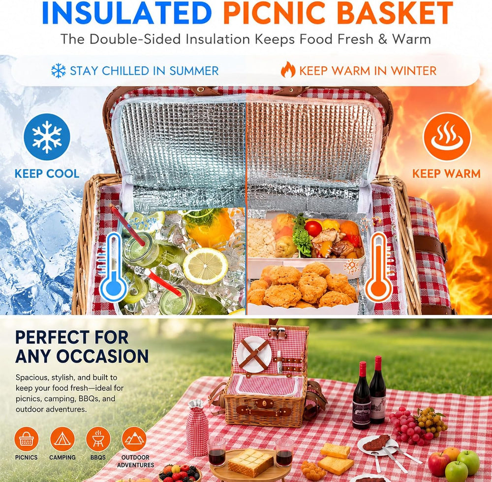 Wicker Picnic Basket Set for 2 with Foldable Table, Blanket, Insulated Liner,...
