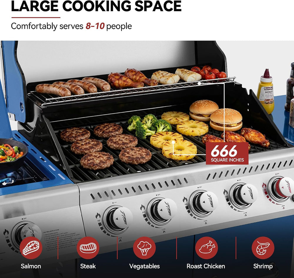 Royal Gourmet GA5403B 5 Burner Propane Gas Grill with Side Burner, Blue