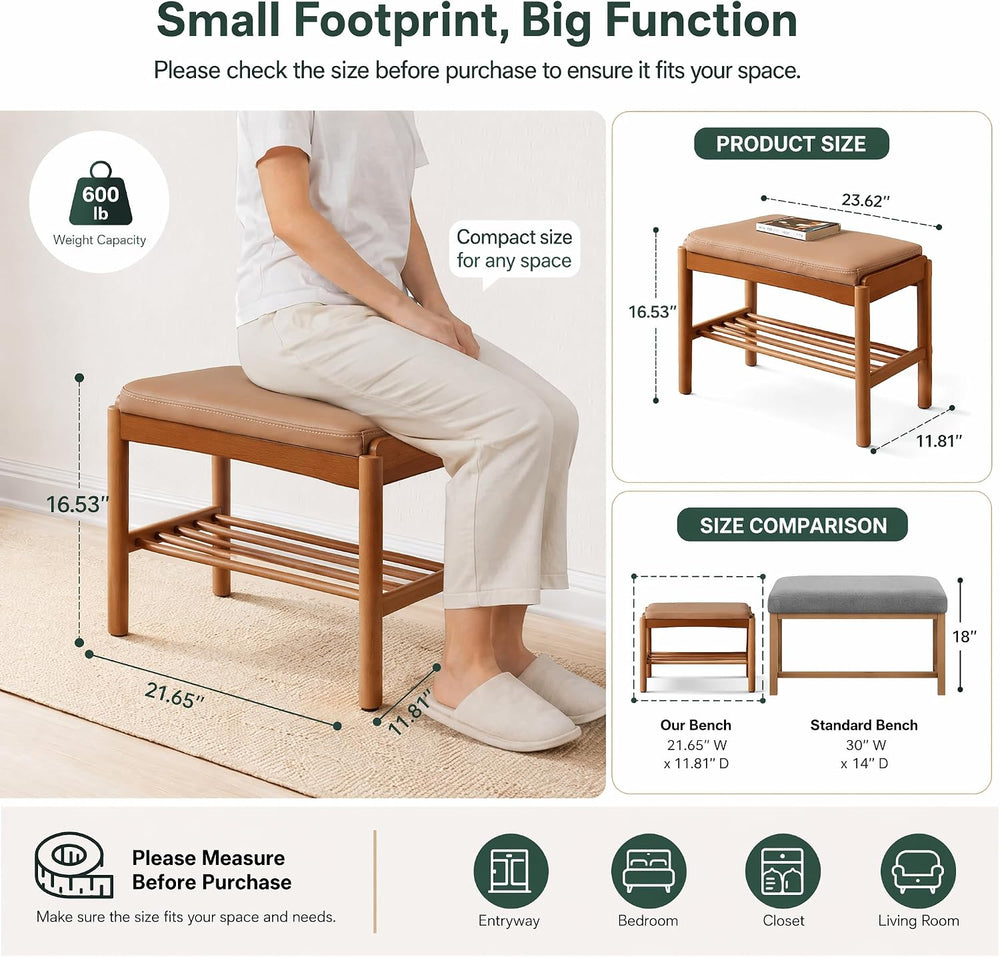Solid Wood Shoe Bench, 24 Inch Entryway Bench with Brown Leather Cushion