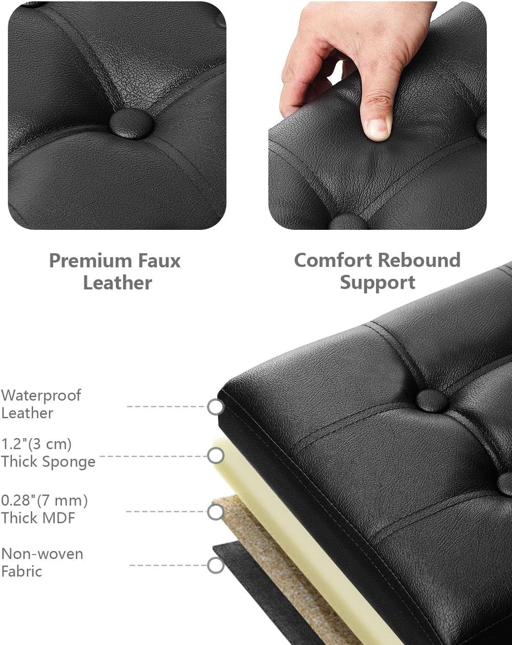 AmasSmile Footrest Ottoman Storage Bench,34" Leather Folding Chest,Black