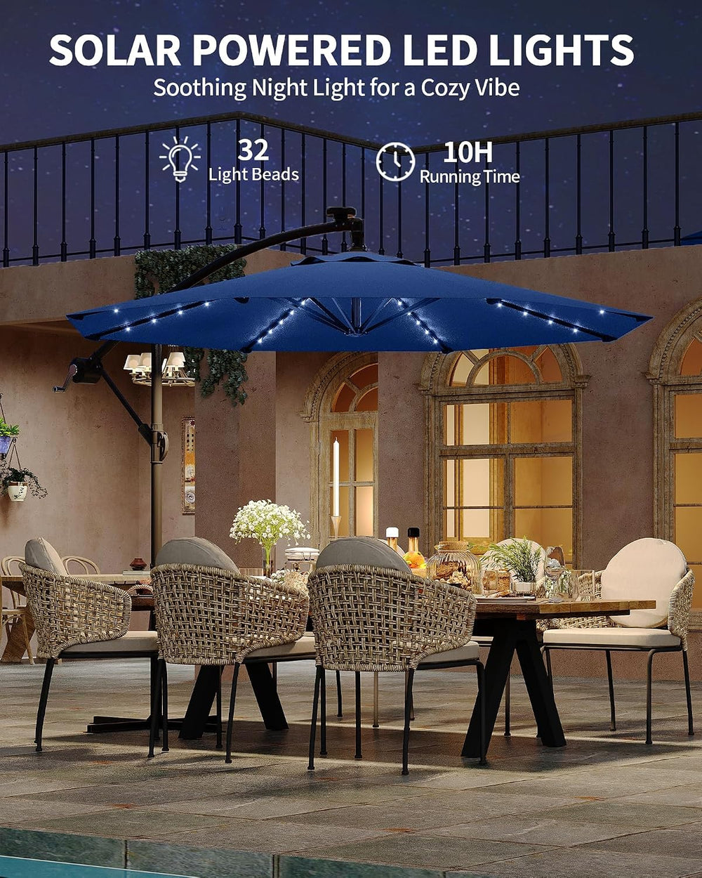 Garvee 10FT Solar Lights Offset Patio Umbrella with Cross Base, Navy Blue
