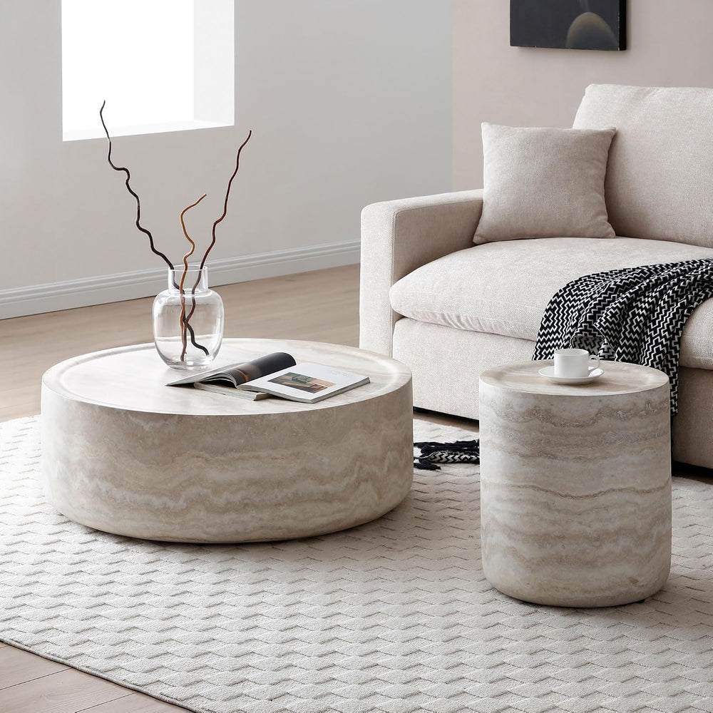 15.74+35.43'' Faux Marble Round Coffee Table,Modern Drum Center Table...