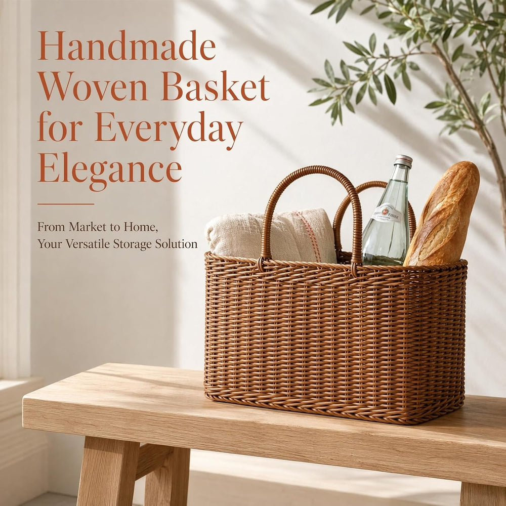Sewroro Picnic Basket with Handles Handmade Plastic Woven Basket Multifunctio...