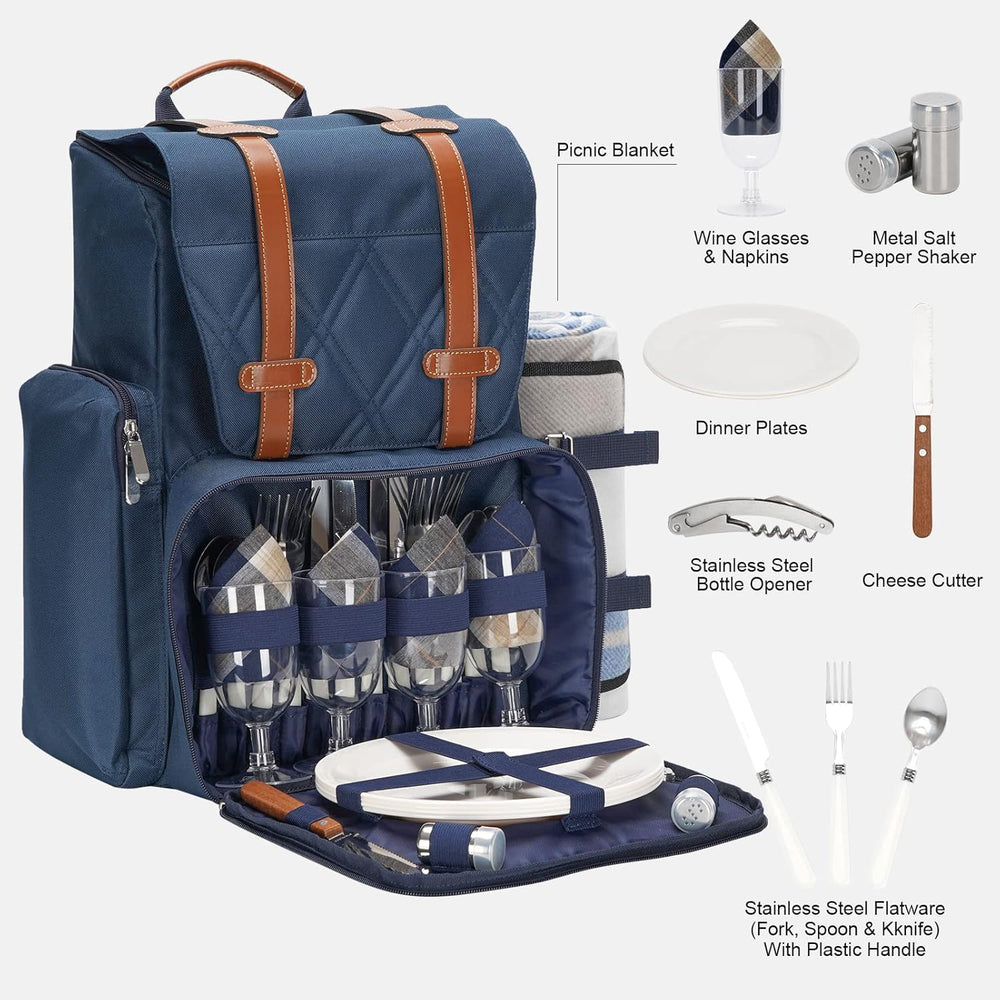 Picnic Backpack for 4 Person w/Cooler & Waterproof Blanket,Blue