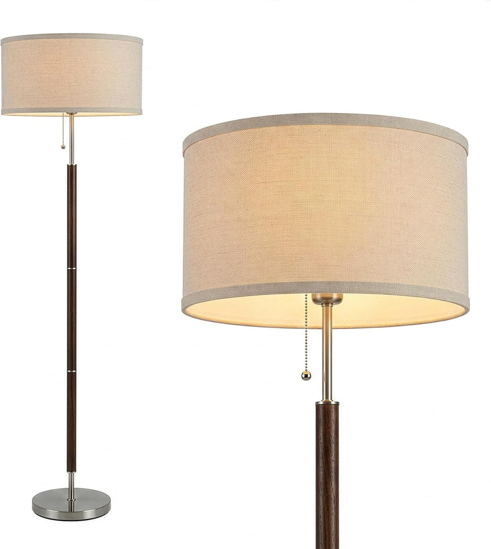 Brightech Carter LED Floor Lamp, Drum Shade with Walnut Wood Finish, Great Li...