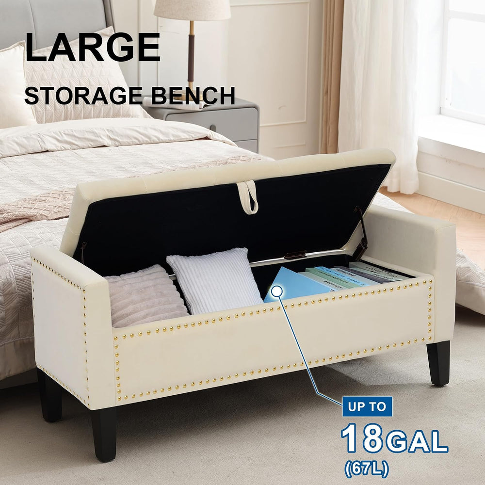 Storage Ottoman Bench, Velvet Upholstered Footstool, Beige