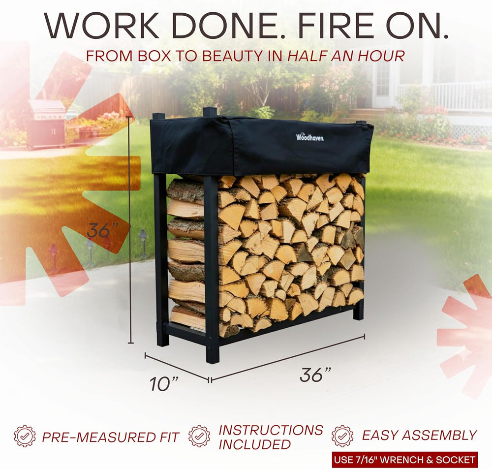 Woodhaven 3-Foot Firewood Rack – American Brand – ⅛ Plus Cord Raised Lumber S...