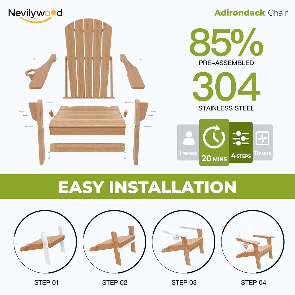 nevilywood Folding Adirondack Chairs Set of 4, HDPE Cup Holders, Teak