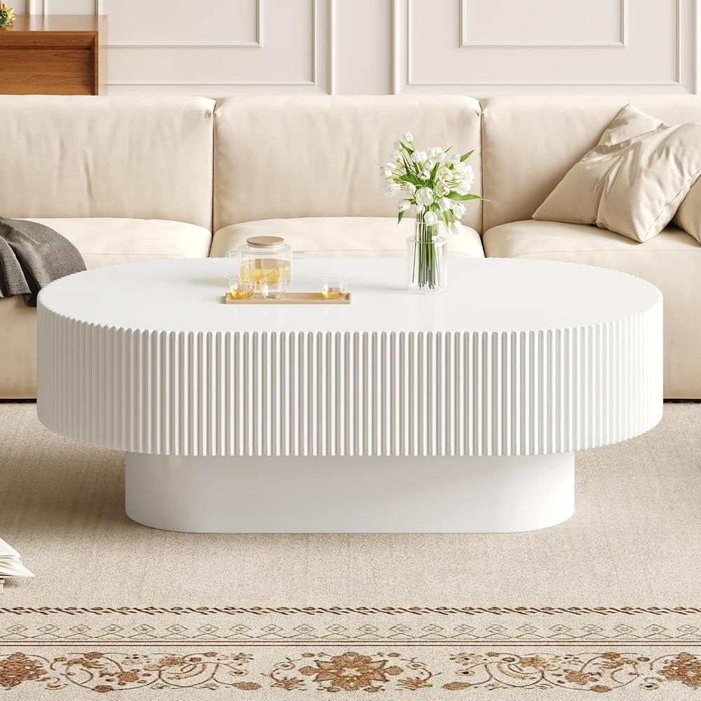LUMISOL Oval Fluted Coffee Table with Thick Tabletop and Base,White