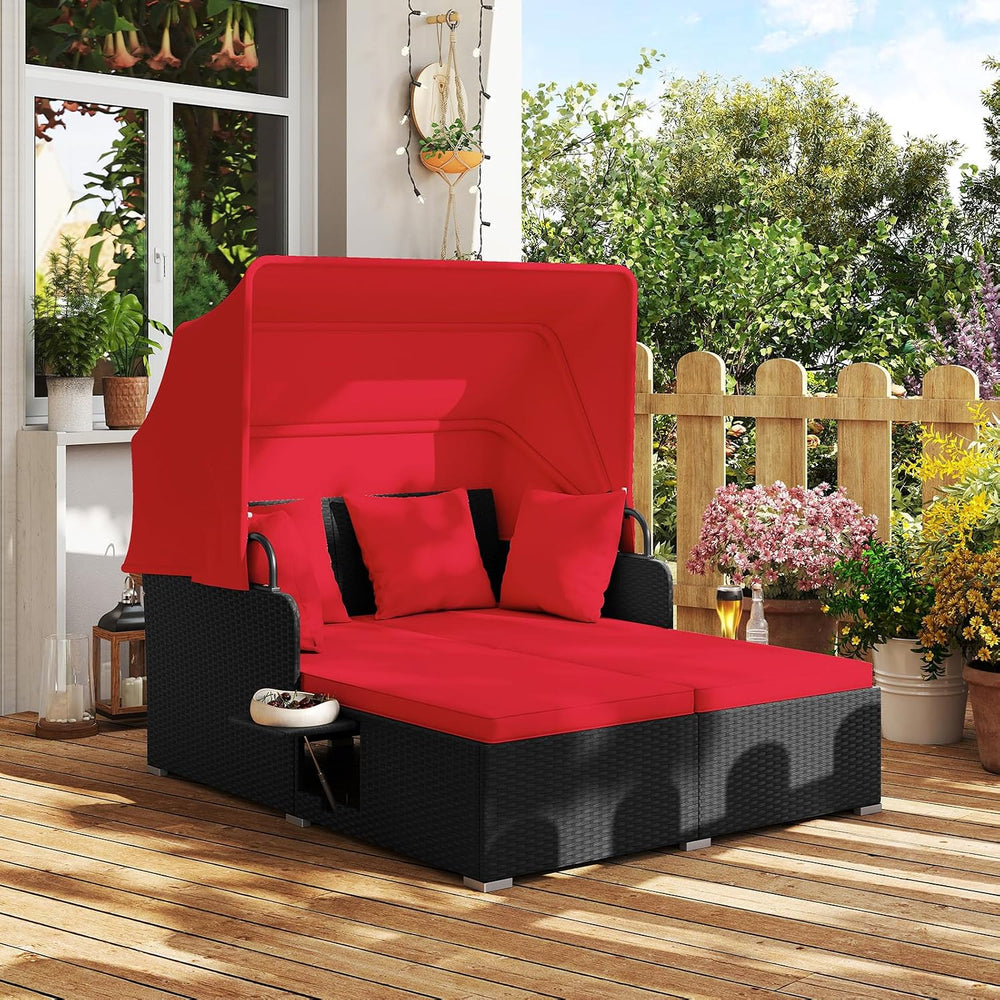 DREAMADE Outdoor Daybed with Canopy, 2 Person Rattan Patio Sunbed, Red