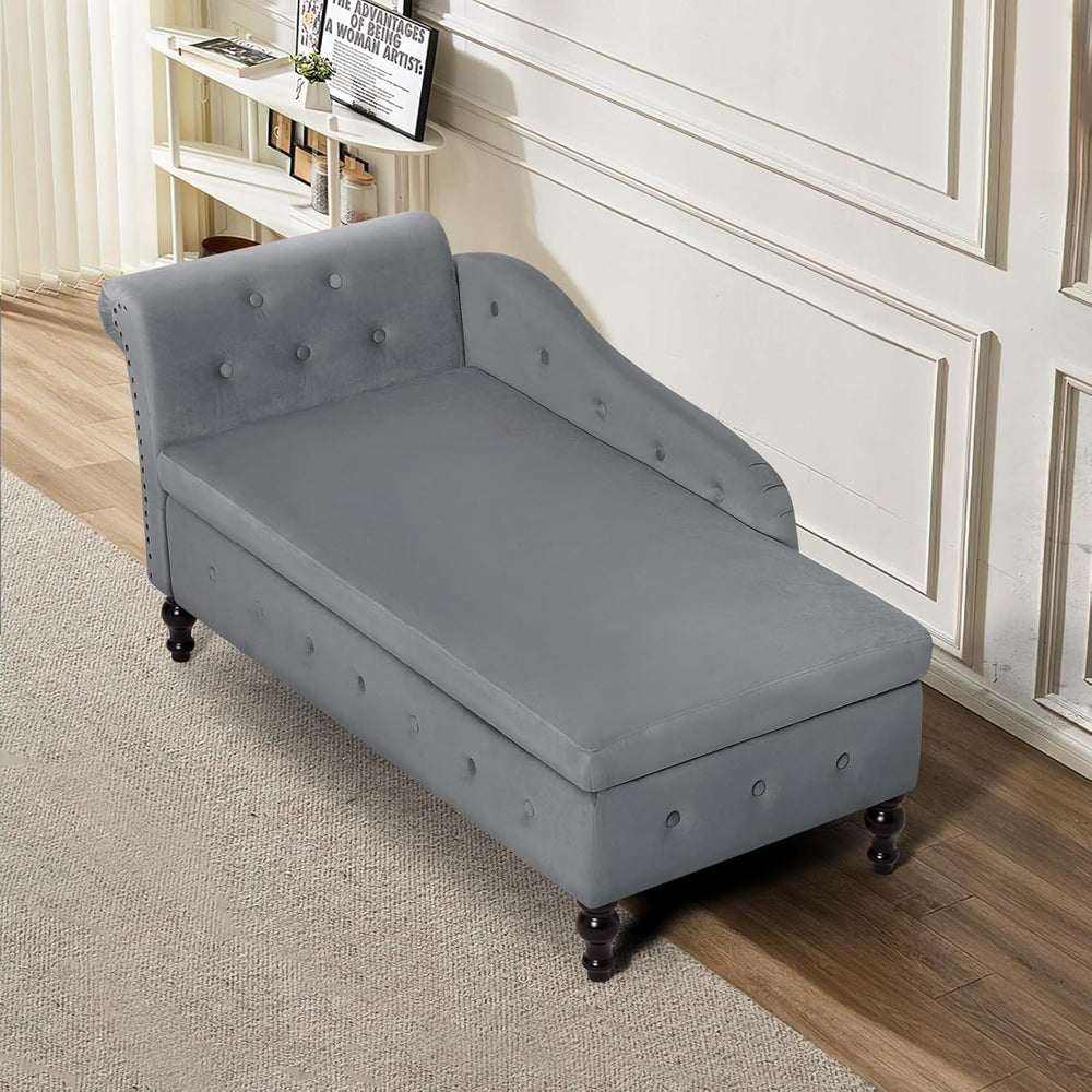 Velvet Chaise Lounge w/Left Armrest & Storage Space, Grey