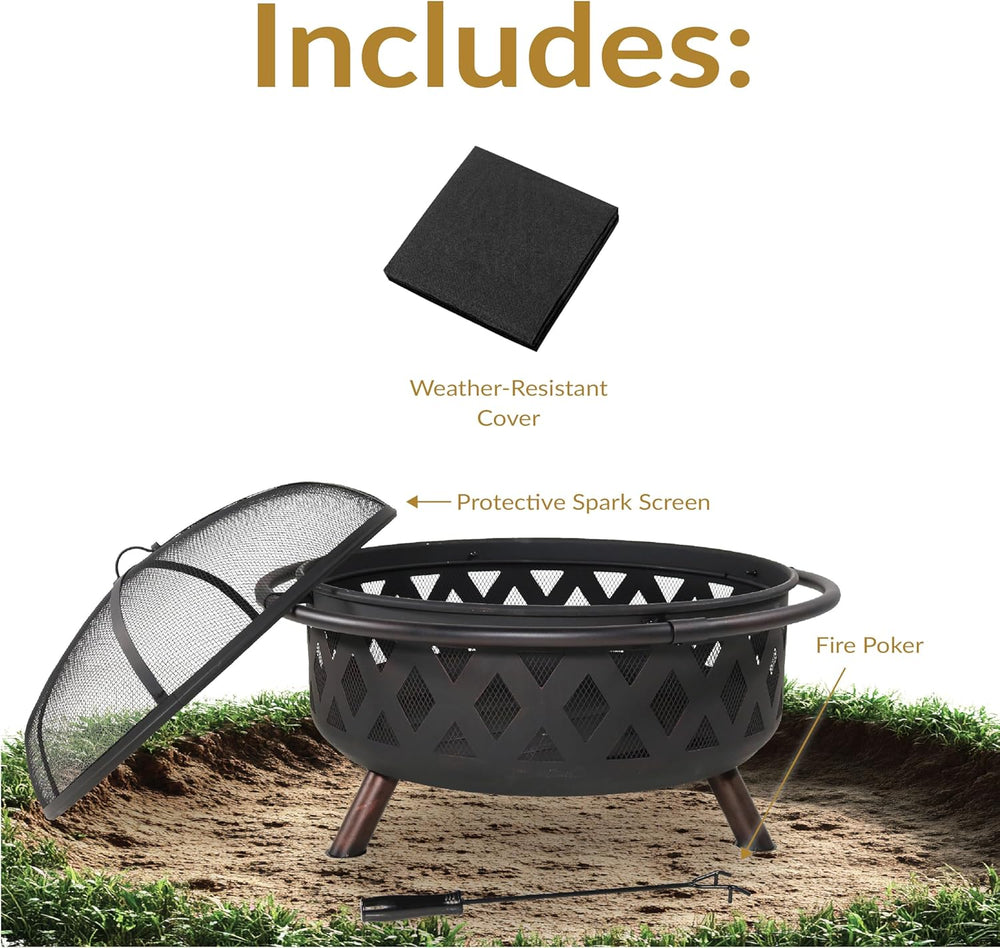Sunnydaze Crossweave 36" Large Outdoor Fire Pit, Wood Burning, Round