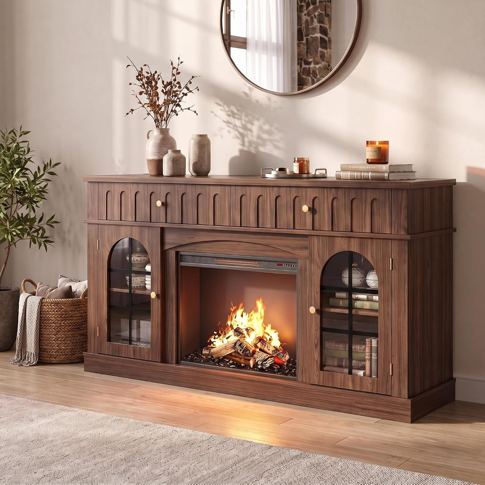 IRONCK TV Stand for 65 Inch TV with Charging Station, Walnut Brown