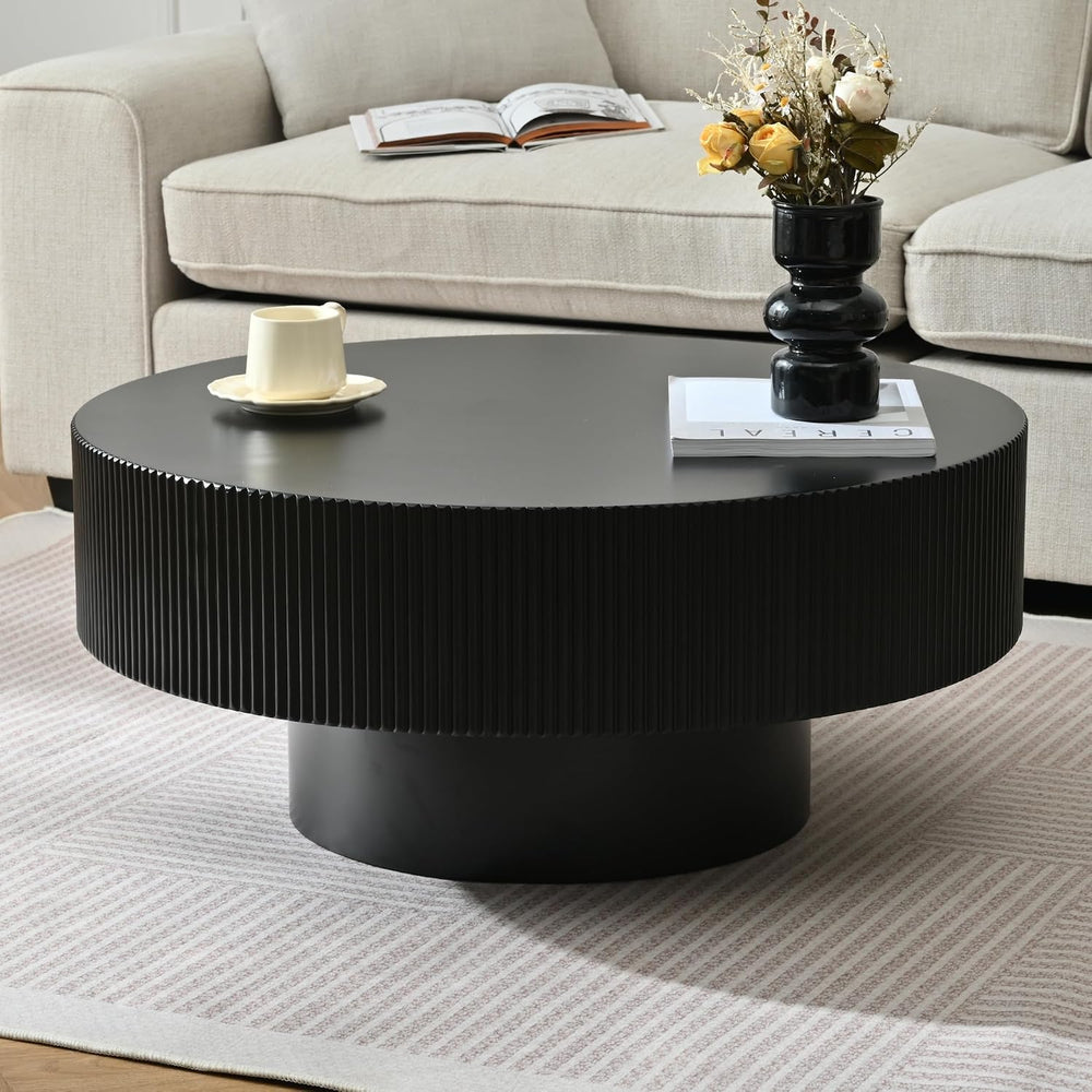 LUMISOL Modern Fluted Coffee Table with 6.8" Thick Tabletop, Black